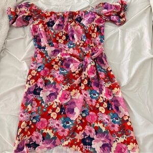 Kittenish Pink & Red Floral Off-Shoulder Wrap Dress